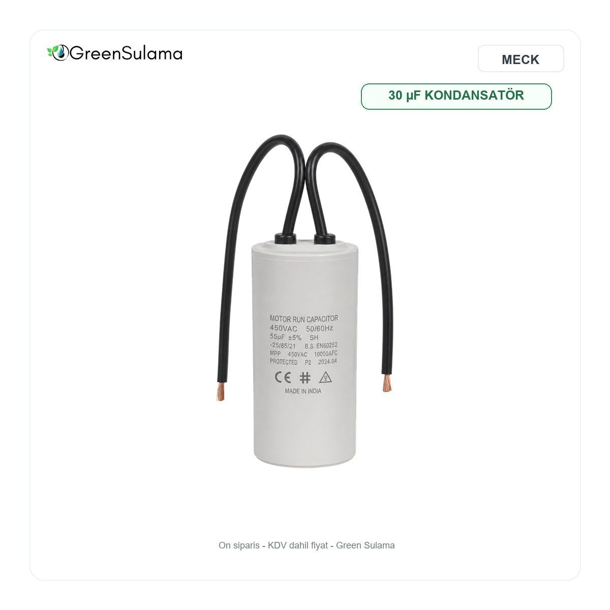 MECK 30 µF Çift Kablolu Daimi Devre Kondansatör MECK 30 uF Çift Kablolu Daimi Devre Kondansatör urun gorseli - Green Sulama
