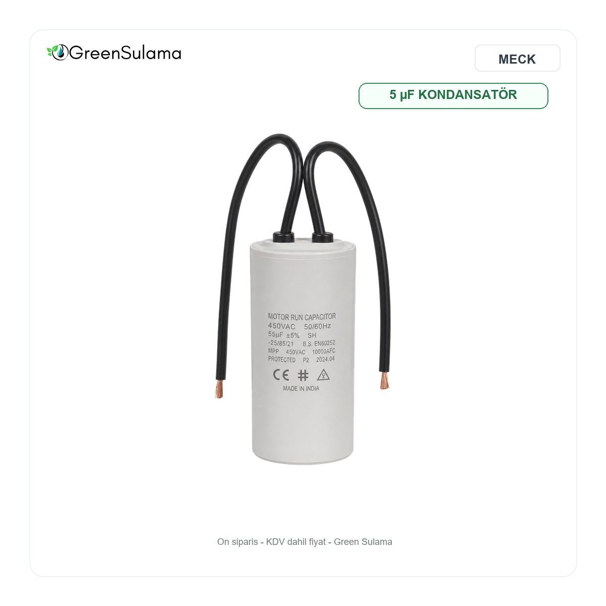MECK 5 µF Çift Kablolu Daimi Devre Kondansatör MECK 5 uF Çift Kablolu Daimi Devre Kondansatör urun gorseli - Green Sulama
