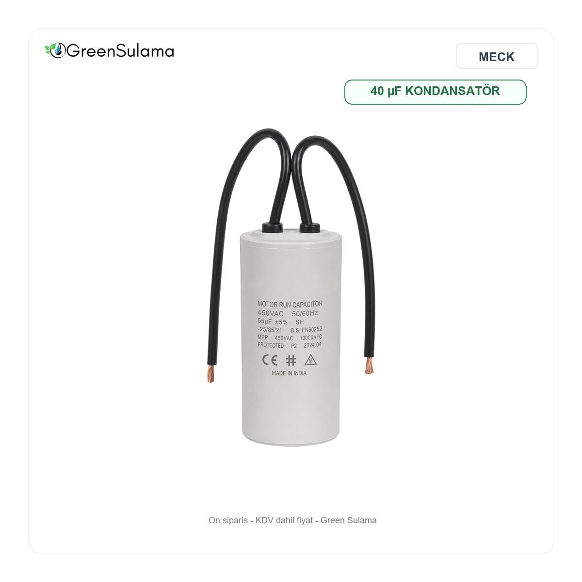 MECK 40 µF Çift Kablolu Daimi Devre Kondansatör MECK 40 uF Çift Kablolu Daimi Devre Kondansatör urun gorseli - Green Sulama