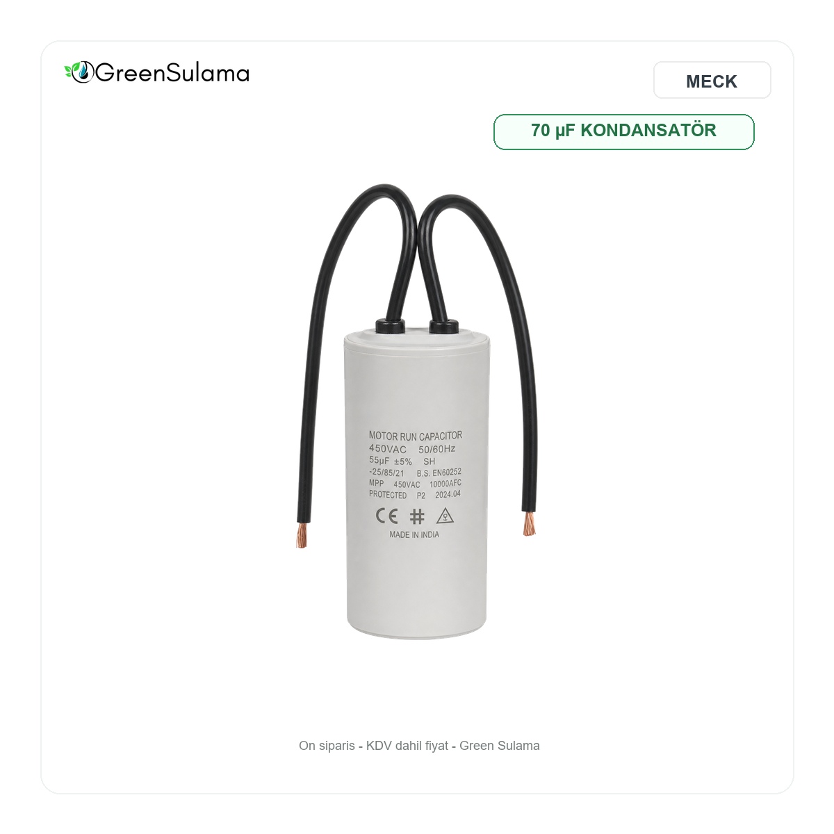 MECK 70 µF Çift Kablolu Daimi Devre Kondansatör MECK 70 uF Çift Kablolu Daimi Devre Kondansatör urun gorseli - Green Sulama