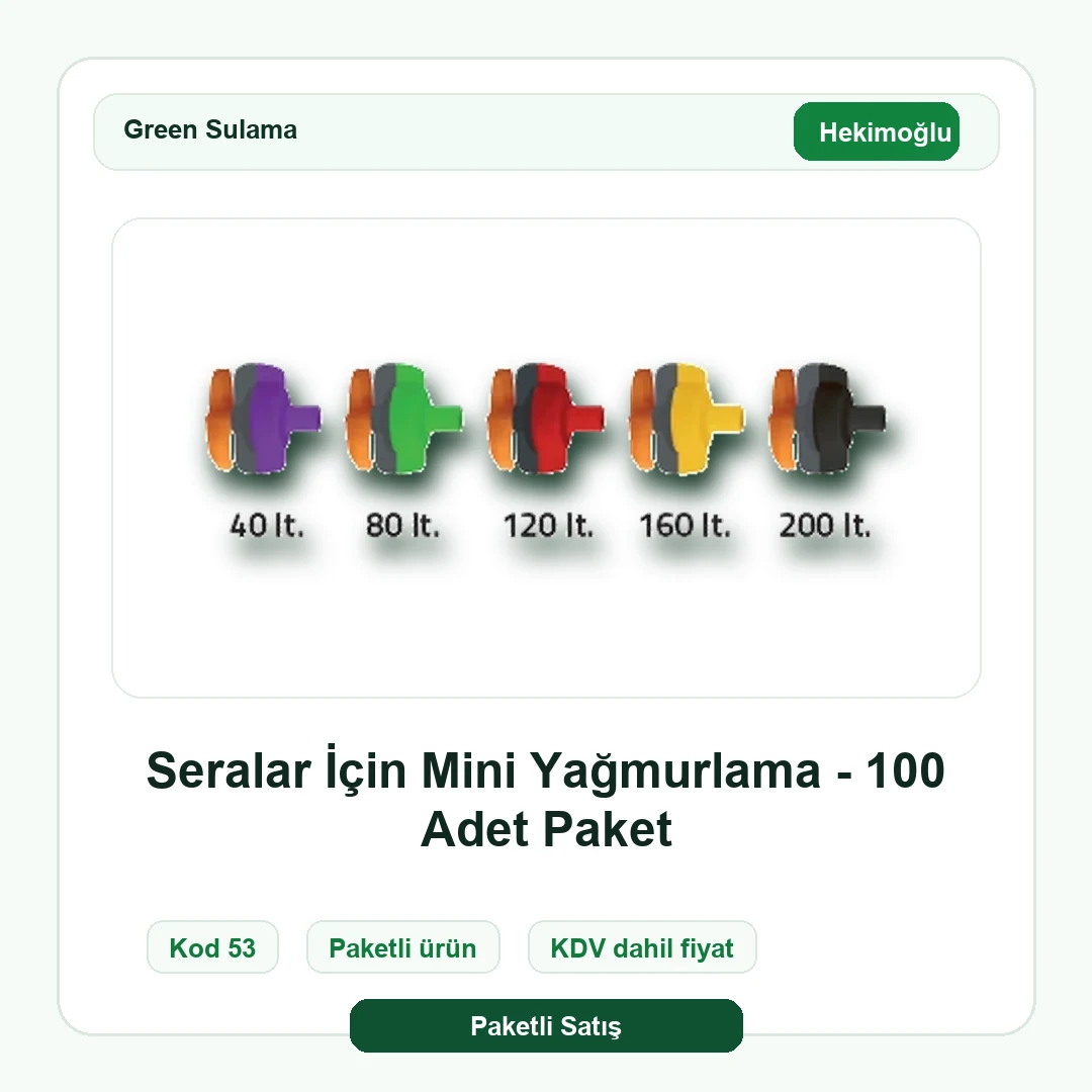 Hekimoğlu Seralar İçin Mini Yağmurlama - 100 Adet Paket ürün görseli Hekimoğlu Seralar İçin Mini Yağmurlama - 100 Adet Paket Green Sulama paketli ürün