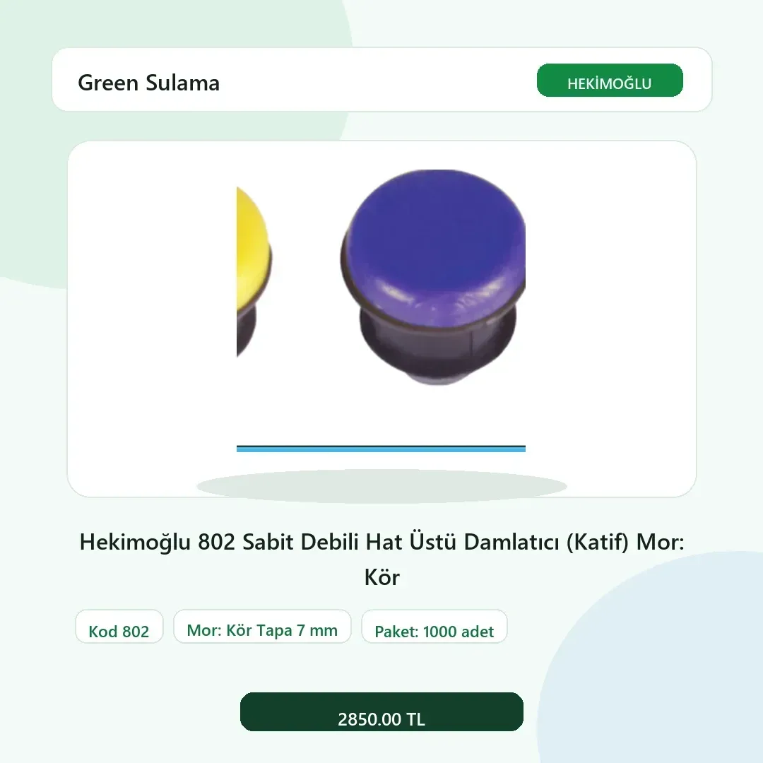 Hekimoğlu 802 Sabit Debili Hat Üstü Damlatıcı (Katif) Mor: Kör Tapa 7 mm - 1000 Adet Paket gerçek katalog ürün görseli Hekimoğlu 802 Sabit Debili Hat Üstü Damlatıcı (Katif) Mor: Kör Tapa 7 mm - 1000 Adet Paket gerçek katalog ürün görseli