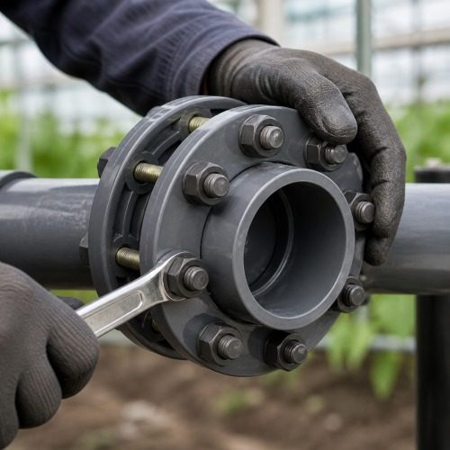 Pimtaş UH-PVC Yapıştırma Muflu Flanş Takımı - Montaj Pimtaş UH-PVC yapıştırma muflu flanş takımı montaj detayı