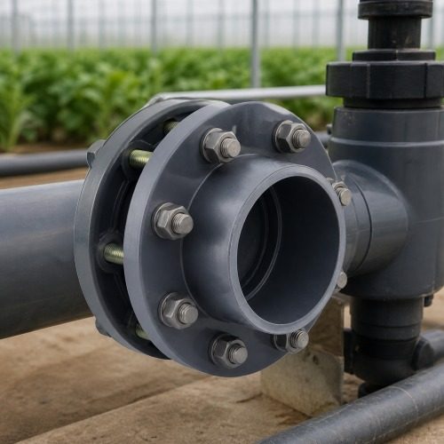 Pimtaş UH-PVC Yapıştırma Muflu Flanş Takımı - Tarımsal Uygulama Pimtaş UH-PVC yapıştırma muflu flanş takımı tarımsal sulama uygulaması