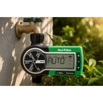 Rain Bird 1ZEHTMR standart musluk tipi pilli kontrol ünitesi bahçede sinematik görünüm