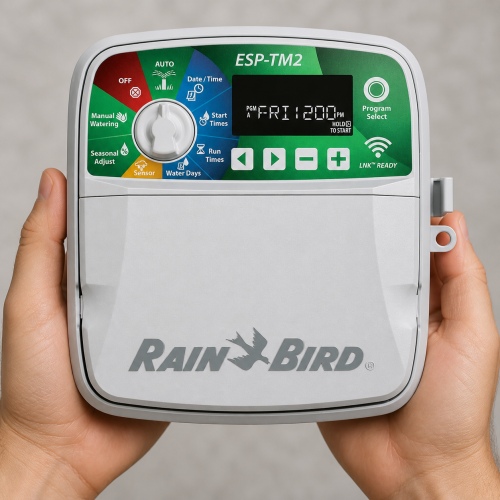 rain-bird-esp-tm2-dis-4-el Rain Bird ESP-TM2 230V 4 istasyonlu dış mekân kontrol ünitesi elde kullanım görünümü