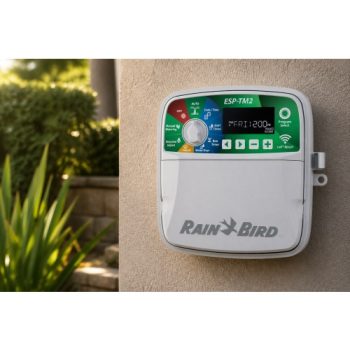 Rain Bird ESP-TM2 230V 4 istasyonlu dış mekân kontrol ünitesi bahçe ortamında sinematik görünüm