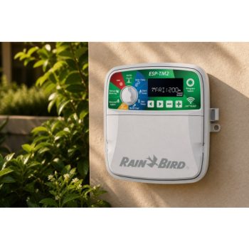 Rain Bird ESP-TM2 230V 8 istasyonlu dış mekân kontrol ünitesi bahçe ortamında sinematik görünüm