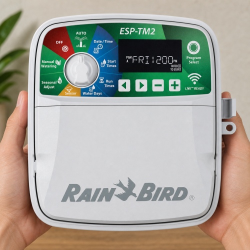 rain-bird-esp-tm2i-4-istasyon-el Rain Bird ESP-TM2I 4 istasyonlu iç mekân sulama kontrol ünitesi elde kullanım görünümü