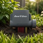 Rain Bird ESPBAT-BT 9V 6 istasyonlu Bluetooth kontrol ünitesi bahçede sinematik görünüm