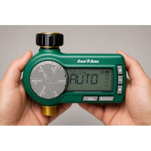 Rain Bird Premium musluk tipi pilli kontrol ünitesi elde kullanım görünümü Rain Bird Premium musluk tipi pilli kontrol ünitesi elde kullanım görünümü