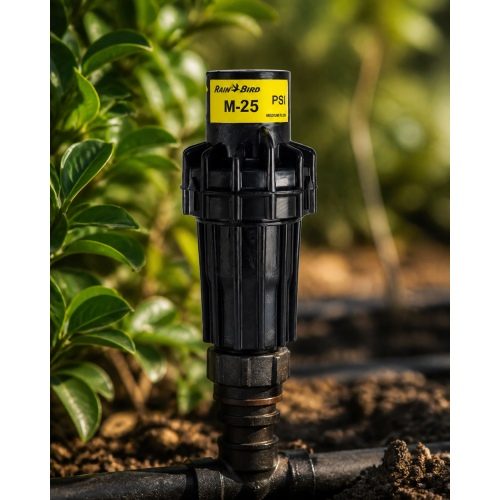 Rain Bird PSI-M25 25 PSI basınç regülatörü bahçede sinematik görünüm Rain Bird PSI-M25 25 PSI basınç regülatörü bahçede sinematik görünüm