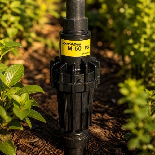 Rain Bird PSI-M50 50 PSI basınç regülatörü bahçede sinematik görünüm Rain Bird PSI-M50 50 PSI basınç regülatörü bahçede sinematik görünüm