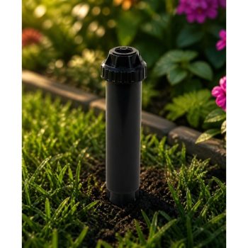 Rain Bird US415 8VAN sprey gövdesi bahçe toprağında sinematik görünüm