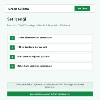 Rainpoint dijital zamanlayıcılı 100 metre damla sulama seti set içeriği ve parça listesi