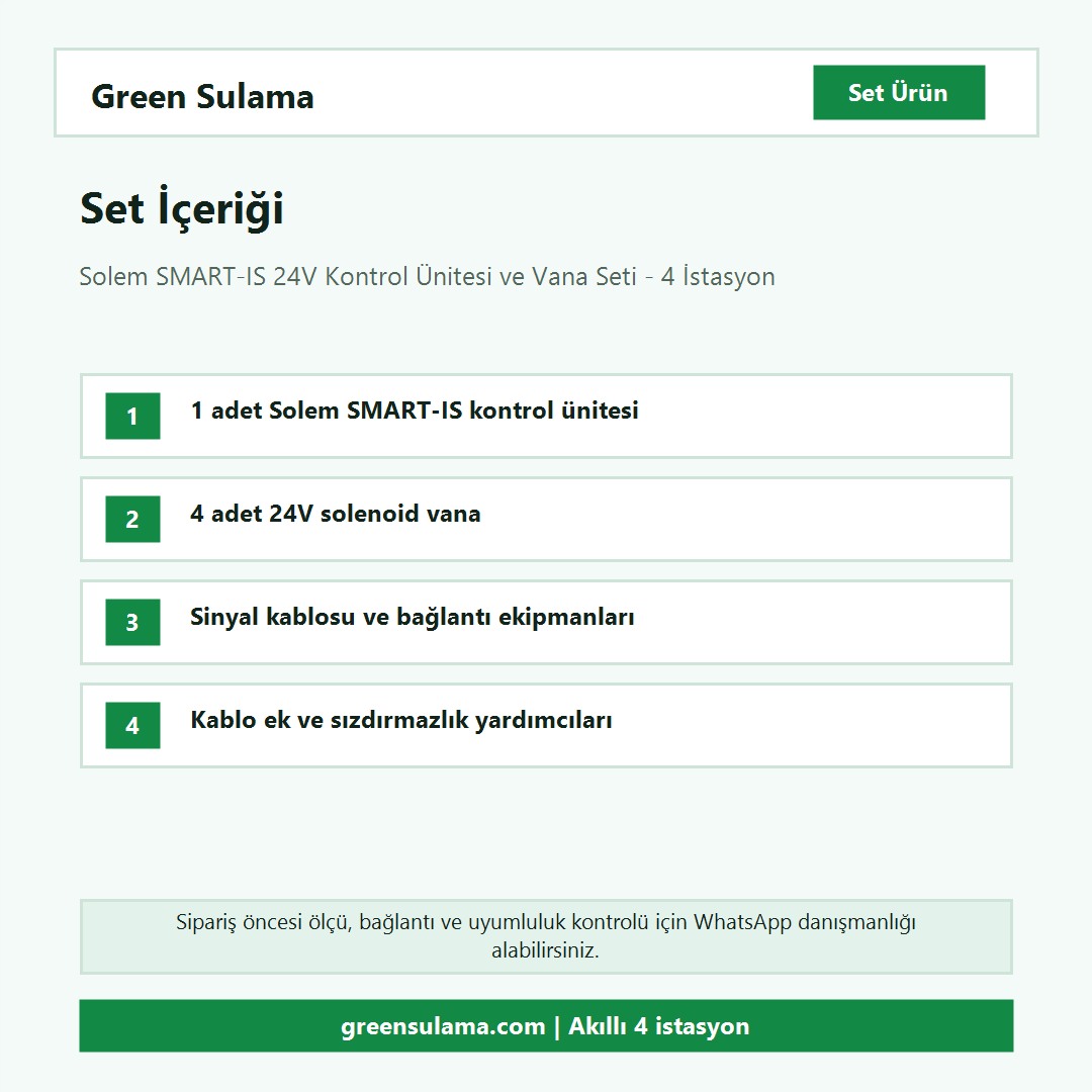 Solem SMART-IS 24V Kontrol Ünitesi ve Vana Seti set içeriği Solem SMART-IS 4 istasyon kontrol ve vana seti set içeriği ve parça listesi