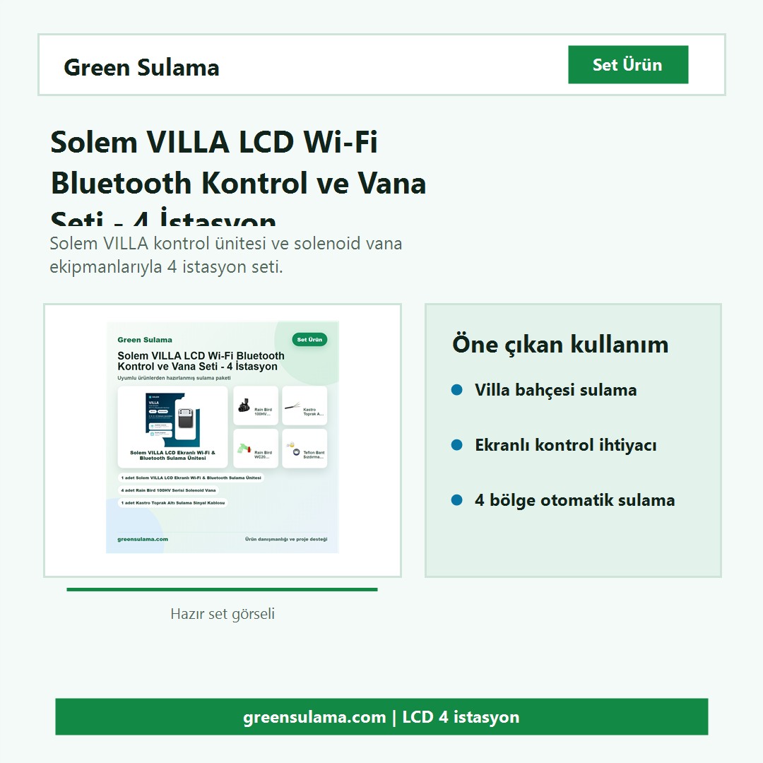 Solem VILLA LCD Wi-Fi Bluetooth Kontrol ve Vana Seti hazır set görseli Solem VILLA 4 istasyon kontrol ve vana seti hazır sulama seti görseli
