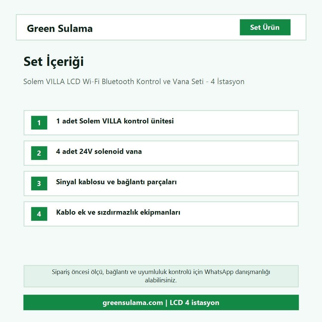 Solem VILLA LCD Wi-Fi Bluetooth Kontrol ve Vana Seti set içeriği Solem VILLA 4 istasyon kontrol ve vana seti set içeriği ve parça listesi